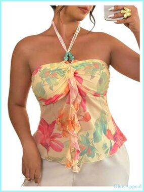 Plus Size Floral Halter Top Mesh Ruffle Tie Back Camisole Crop Top